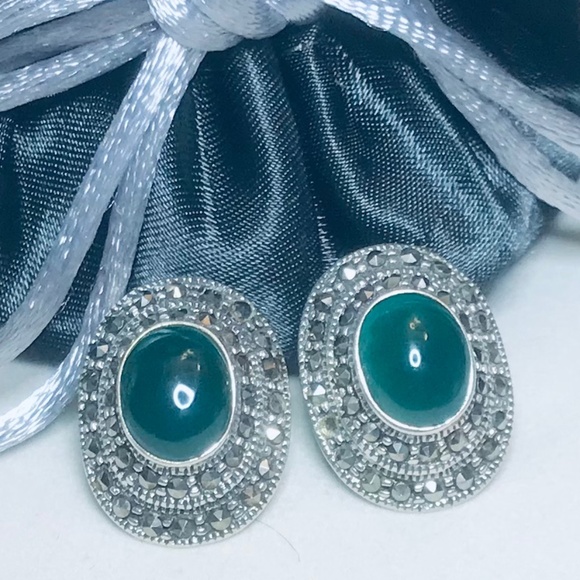 Sterling Silver Genuine Green Agate & Marcasite Earrings - Picture 2 of 4
